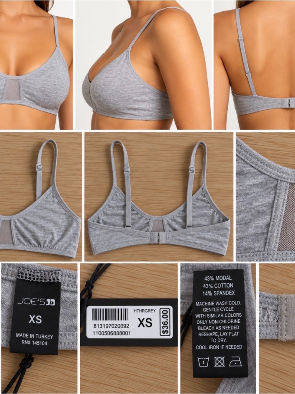 Joe's Jeans Heather Grey Modal-Cotton Bralette with Mesh Panel - NWT
